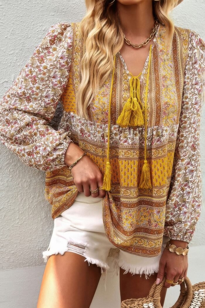 Tie neck boho floral tunics long sleeve shirt