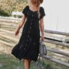 Button V Neck Tiered Short Sleeve Midi Dress