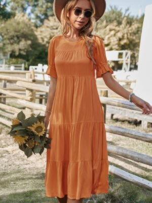 Flowy Pleated Short Sleeve Solid Midi Dress
