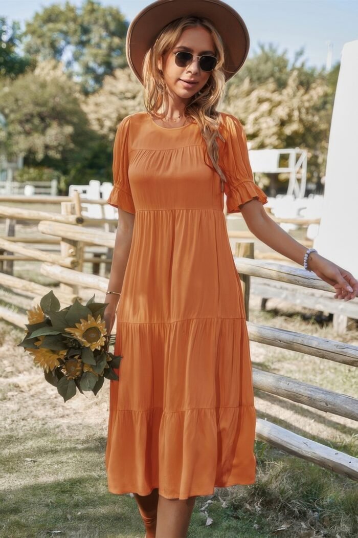 Flowy pleated short sleeve solid midi dress - image 1