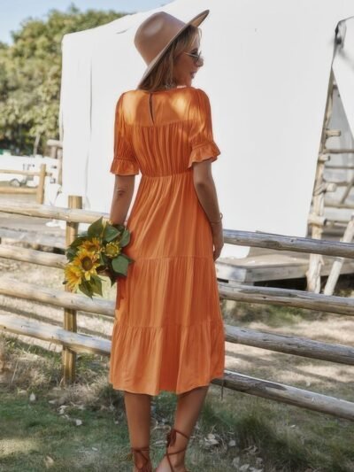 Flowy Pleated Short Sleeve Solid Midi Dress Flowy Pleated Short Sleeve Solid Midi Dress