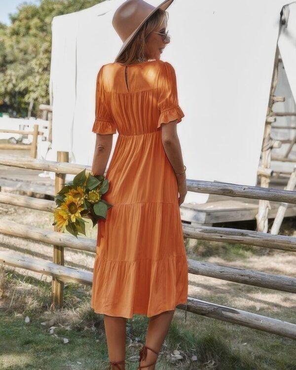 Flowy Pleated Short Sleeve Solid Midi Dress