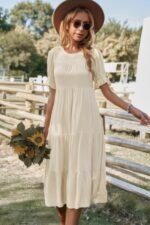 Flowy Pleated Short Sleeve Solid Midi Dress - Image 3