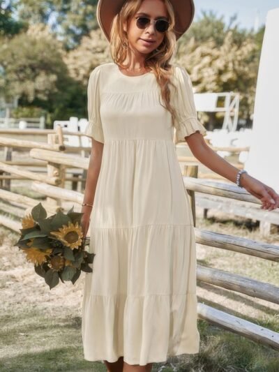 Flowy Pleated Short Sleeve Solid Midi Dress Flowy Pleated Short Sleeve Solid Midi Dress