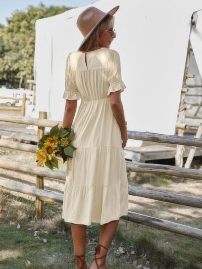 Flowy Pleated Short Sleeve Solid Midi Dress Flowy Pleated Short Sleeve Solid Midi Dress