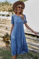Flowy Pleated Short Sleeve Solid Midi Dress - Image 5