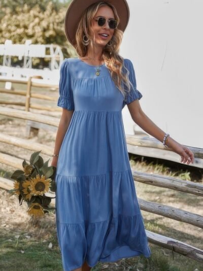 Flowy Pleated Short Sleeve Solid Midi Dress Flowy Pleated Short Sleeve Solid Midi Dress