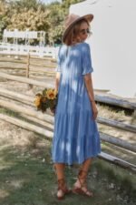 Flowy Pleated Short Sleeve Solid Midi Dress - Image 6