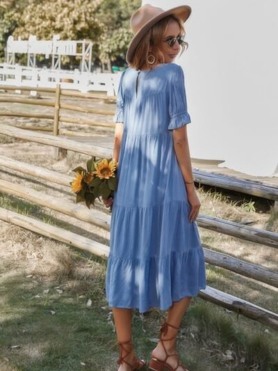 Flowy Pleated Short Sleeve Solid Midi Dress Flowy Pleated Short Sleeve Solid Midi Dress