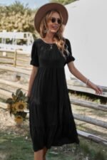 Flowy Pleated Short Sleeve Solid Midi Dress - Image 7