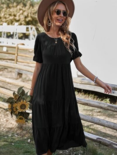 Flowy Pleated Short Sleeve Solid Midi Dress Flowy Pleated Short Sleeve Solid Midi Dress