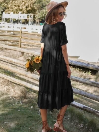 Flowy Pleated Short Sleeve Solid Midi Dress Flowy Pleated Short Sleeve Solid Midi Dress