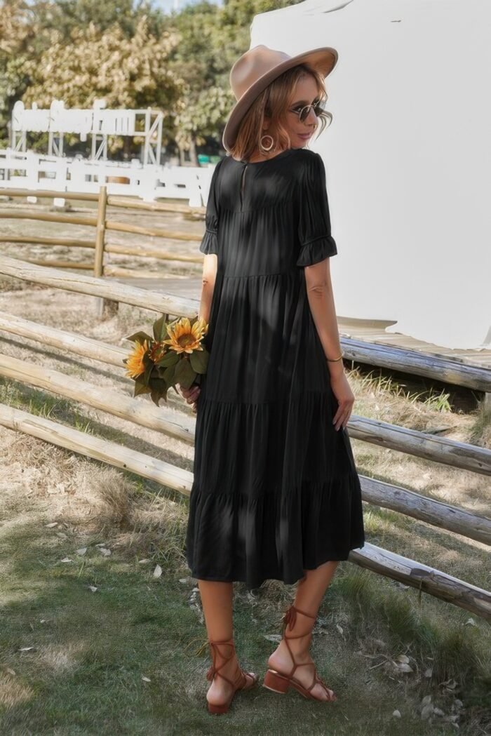 Flowy pleated short sleeve solid midi dress - image 8