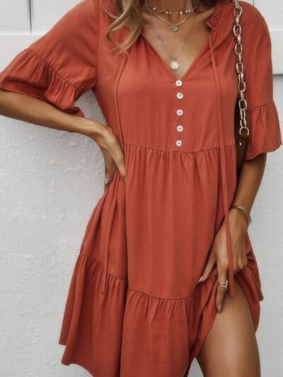 V Neck Flounce Sleeve Ruffle Hem Tie Neck Dress