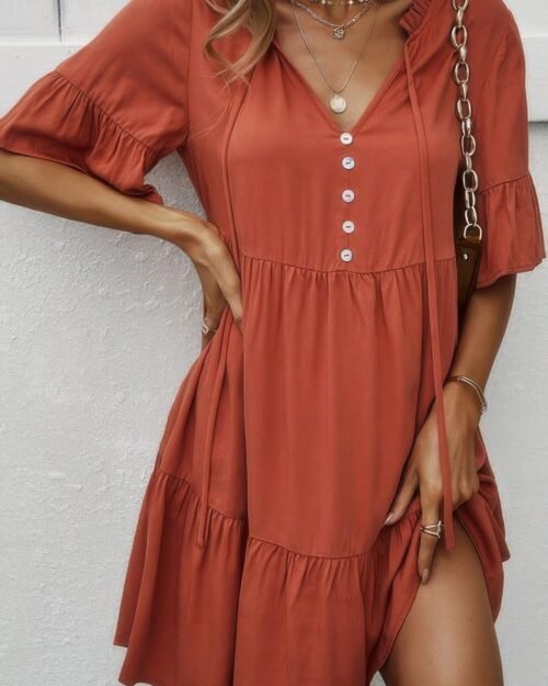 v neck flounce sleeve ruffle hem tie neck dress