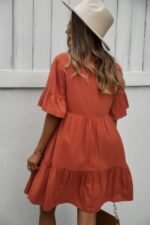 V Neck Flounce Sleeve Ruffle Hem Tie Neck Dress - Image 2
