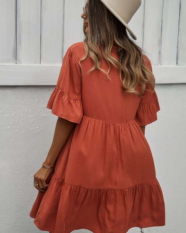 V Neck Flounce Sleeve Ruffle Hem Tie Neck Dress