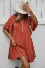 V Neck Flounce Sleeve Ruffle Hem Tie Neck Dress - Image 3