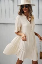 V Neck Flounce Sleeve Ruffle Hem Tie Neck Dress - Image 4