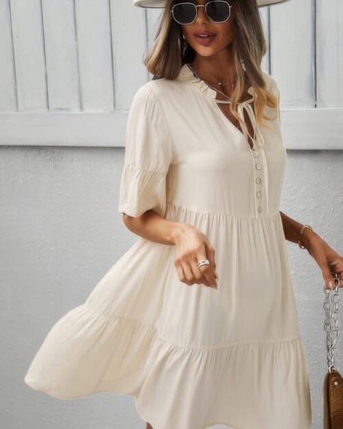 v neck flounce sleeve ruffle hem tie neck dress