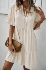 V Neck Flounce Sleeve Ruffle Hem Tie Neck Dress - Image 5