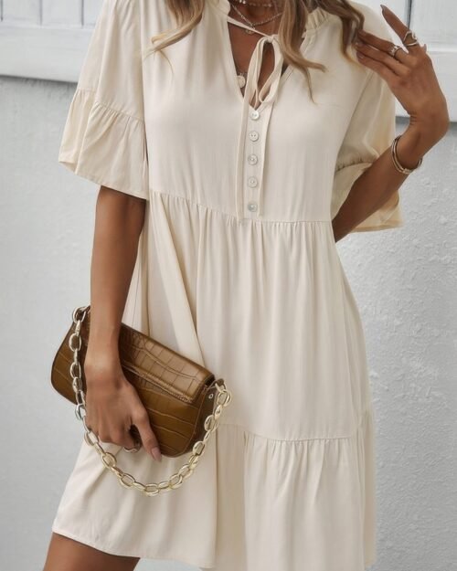 v neck flounce sleeve ruffle hem tie neck dress