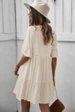 V Neck Flounce Sleeve Ruffle Hem Tie Neck Dress - Image 6