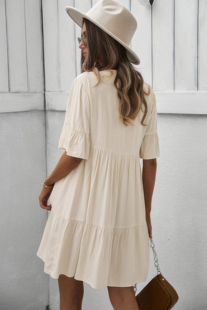 V neck flounce sleeve ruffle hem tie neck dress - image 6