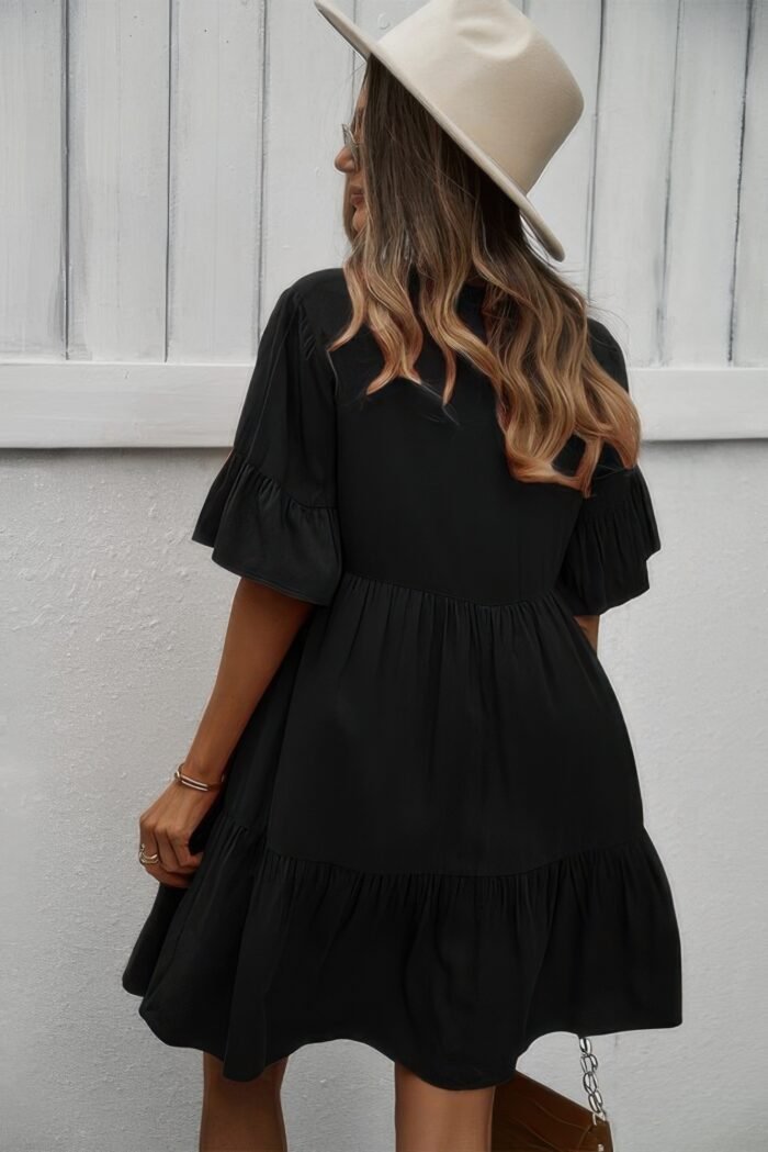V neck flounce sleeve ruffle hem tie neck dress - image 8