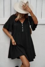 V Neck Flounce Sleeve Ruffle Hem Tie Neck Dress - Image 9