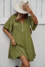 V Neck Flounce Sleeve Ruffle Hem Tie Neck Dress - Image 10