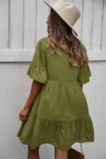 V Neck Flounce Sleeve Ruffle Hem Tie Neck Dress - Image 11