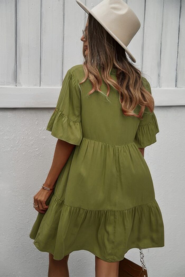 V neck flounce sleeve ruffle hem tie neck dress - image 11