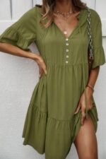 V Neck Flounce Sleeve Ruffle Hem Tie Neck Dress - Image 12