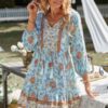 Floral Printed Button Down V Neck Long Sleeve Dress