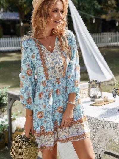 Floral Printed Button Down V Neck Long Sleeve Dress Floral Printed Button Down V Neck Long Sleeve Dress