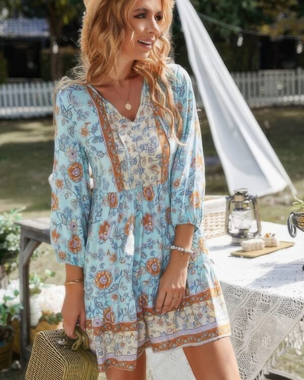 Floral Printed Button Down V Neck Long Sleeve Dress