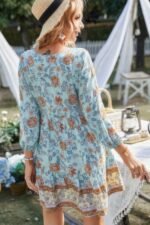 Floral Printed Button Down V Neck Long Sleeve Dress - Image 3