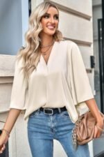 Solid V Neck Satin High Low Hem Blouse