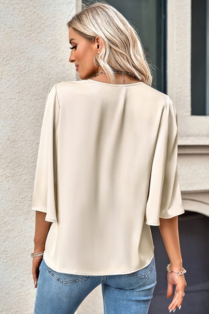 Solid v neck satin high low hem blouse - image 2