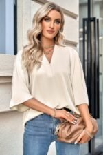 Solid V Neck Satin High Low Hem Blouse - Image 3