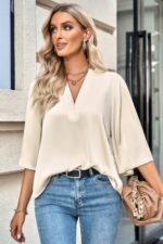 Solid V Neck Satin High Low Hem Blouse - Image 4