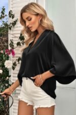 Solid V Neck Satin High Low Hem Blouse - Image 5