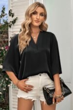 Solid V Neck Satin High Low Hem Blouse - Image 7