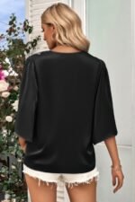 Solid V Neck Satin High Low Hem Blouse - Image 8