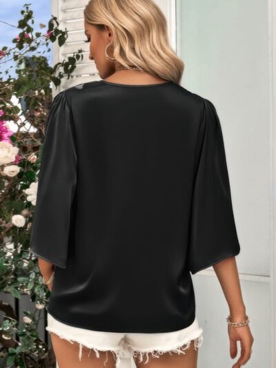 Solid V Neck Satin High Low Hem Blouse Solid V Neck Satin High Low Hem Blouse