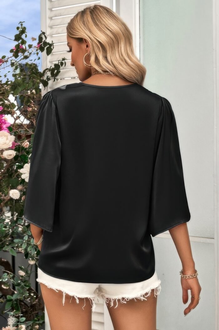 Solid v neck satin high low hem blouse - image 8