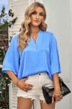 Solid V Neck Satin High Low Hem Blouse - Image 9