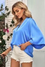Solid V Neck Satin High Low Hem Blouse - Image 10