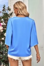 Solid V Neck Satin High Low Hem Blouse - Image 12